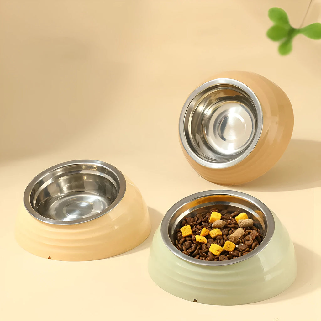 Stainless steel cat bowl with food divider and plastic non-slip base in beige colour