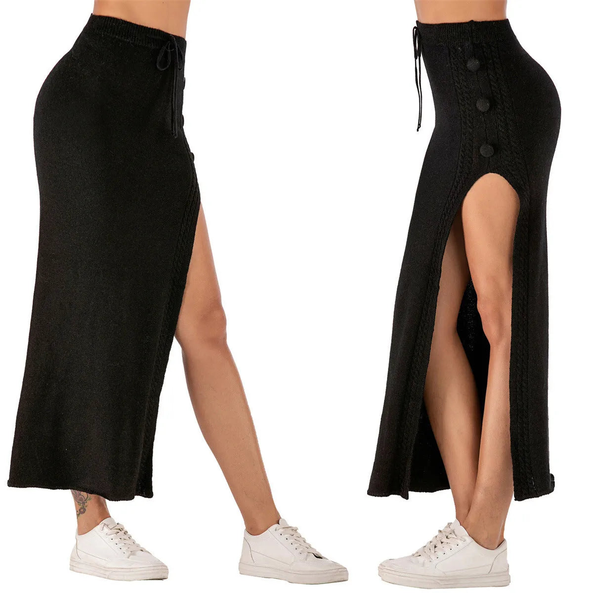 Acrylic slim-fit midi skirt with side split detail shown in black, grey and pink colour options