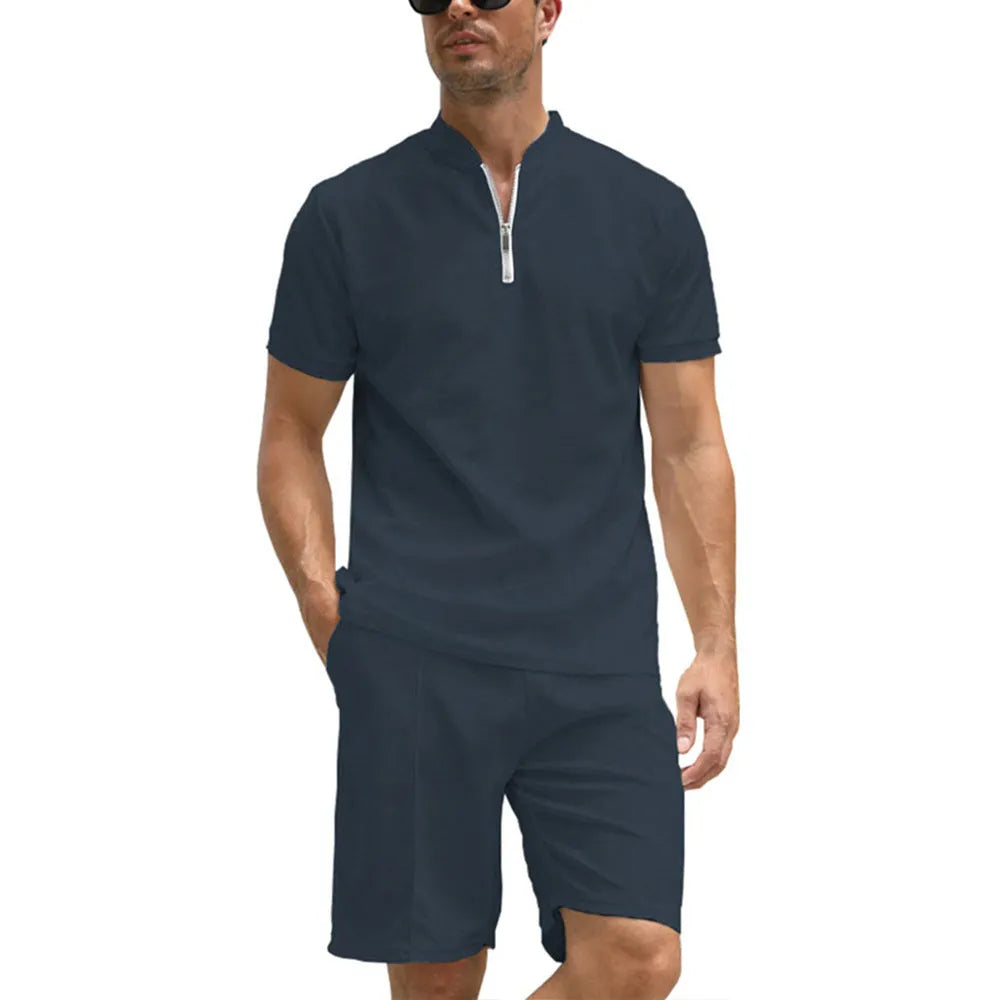 Men's solid colour polyester polo shirt two-piece suit set with matching trousers