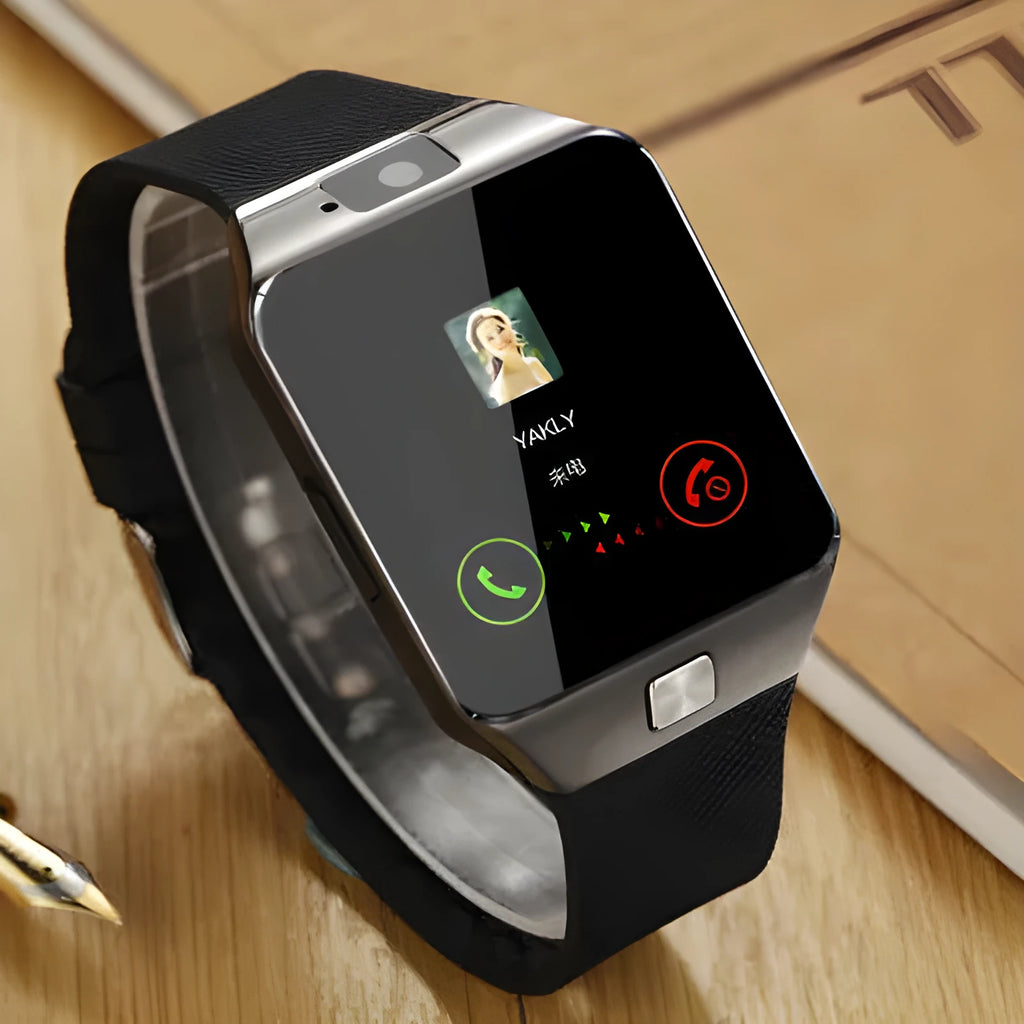 DZ09 sports smart watch with black TPU strap and 1.56-inch touch screen