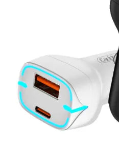 QC3.0 fast car charger with PD USB output, black plastic and metal design, for cigarette lighter socket