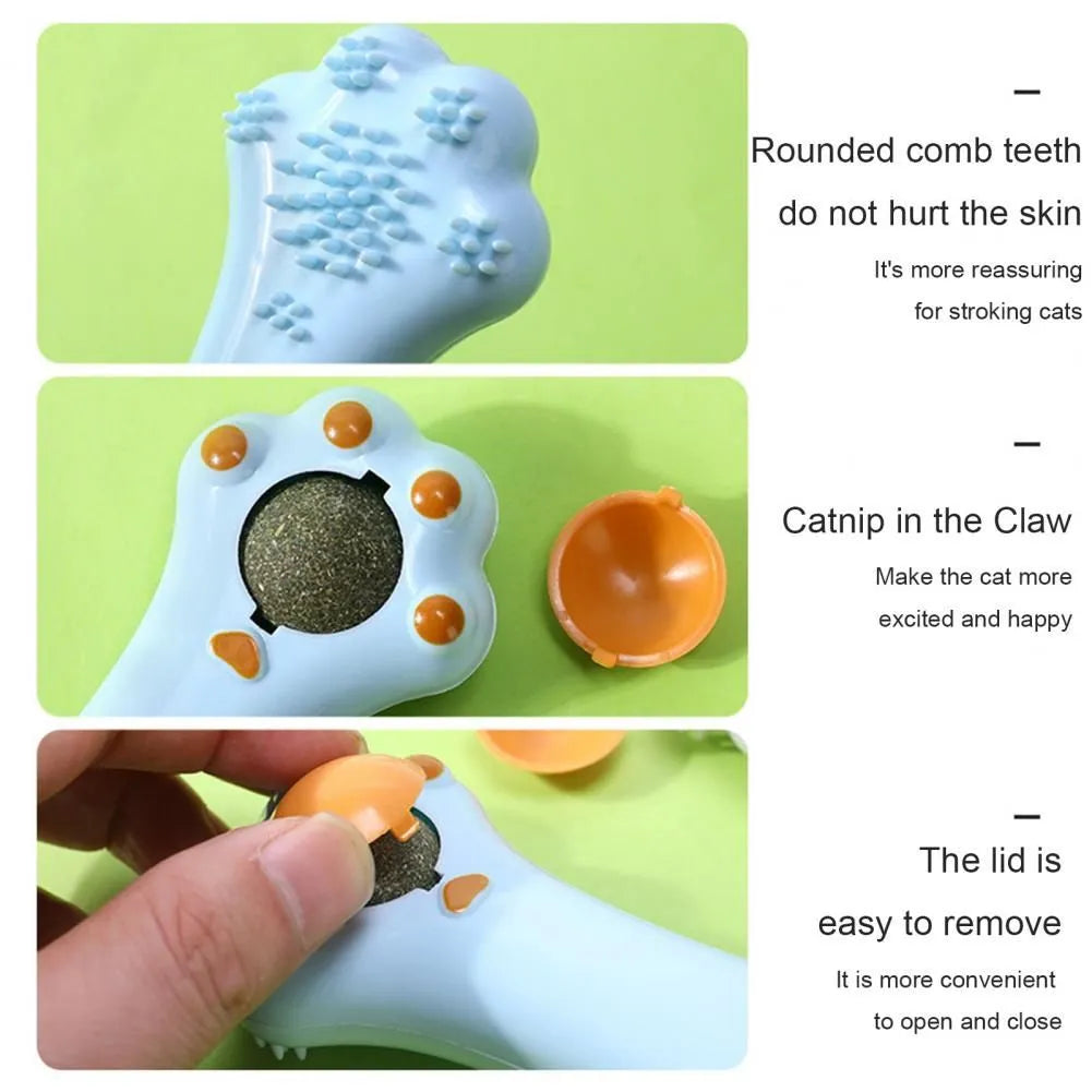 Blue cartoon design dual-purpose cat grooming brush and dental toy with catnip on a white background.