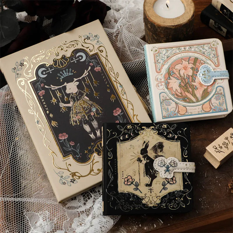 Retro Gothic THALO style A5 notebook with Pan Shen's Maze, Forest, or Red Fruit Temptation cover designs.