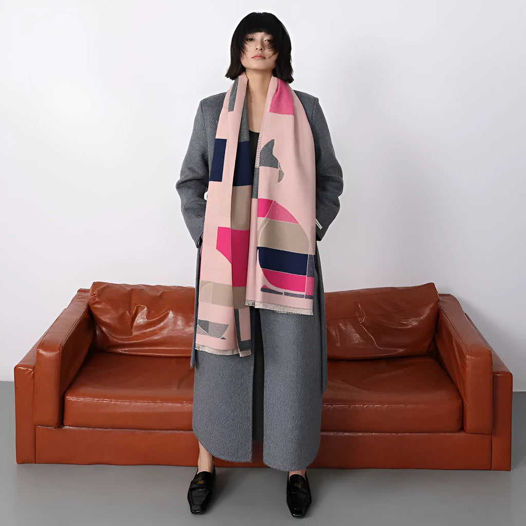 Long beige imitation cashmere scarf draped to show its 185cm length and European chic style.