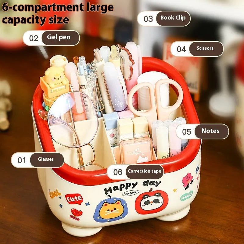 Red and brown cartoon sticker designs on a plastic desktop storage box with grid organiser compartments.