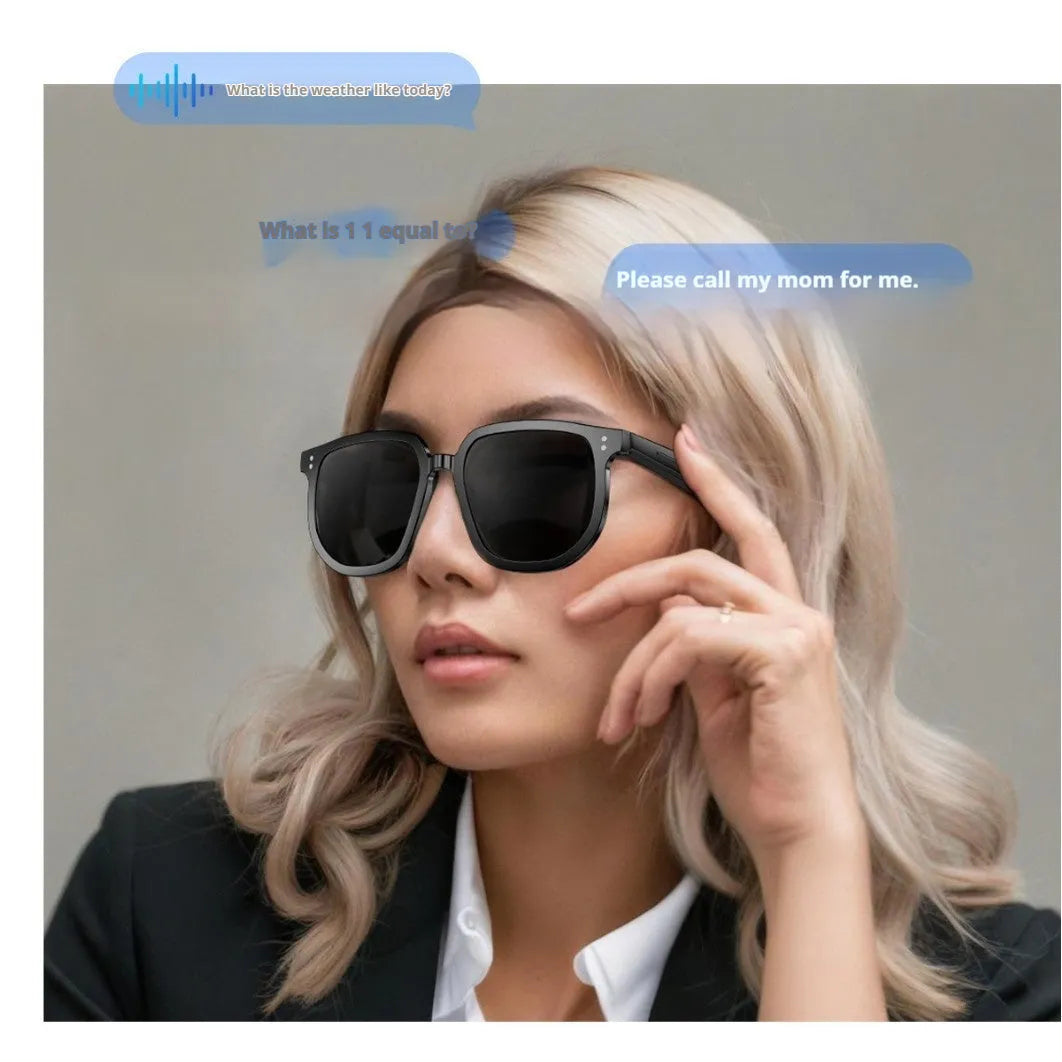Black AI smart glasses with Bluetooth audio and sunglass lenses on a head-mounted display.
