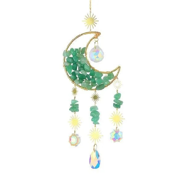 Crystal car pendant with moon design hanging from rear-view mirror