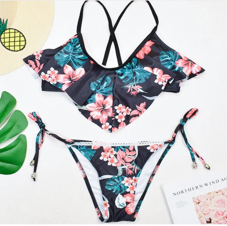 Split swimsuit with bohemian leaf print, black colour, polyester digital printing, chest pad, sizes S M L XL