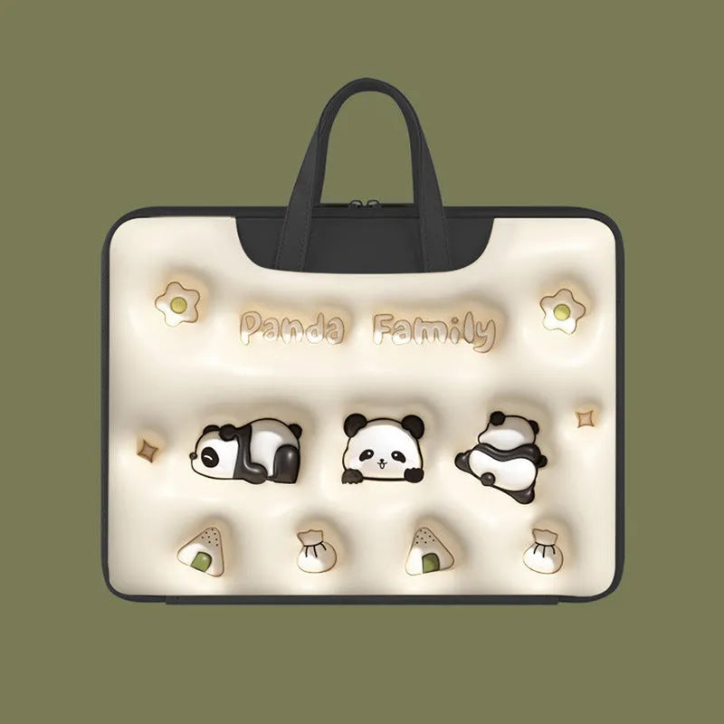 Inflatable PU leather laptop bag in a character design, shown hanging from a suitcase handle.