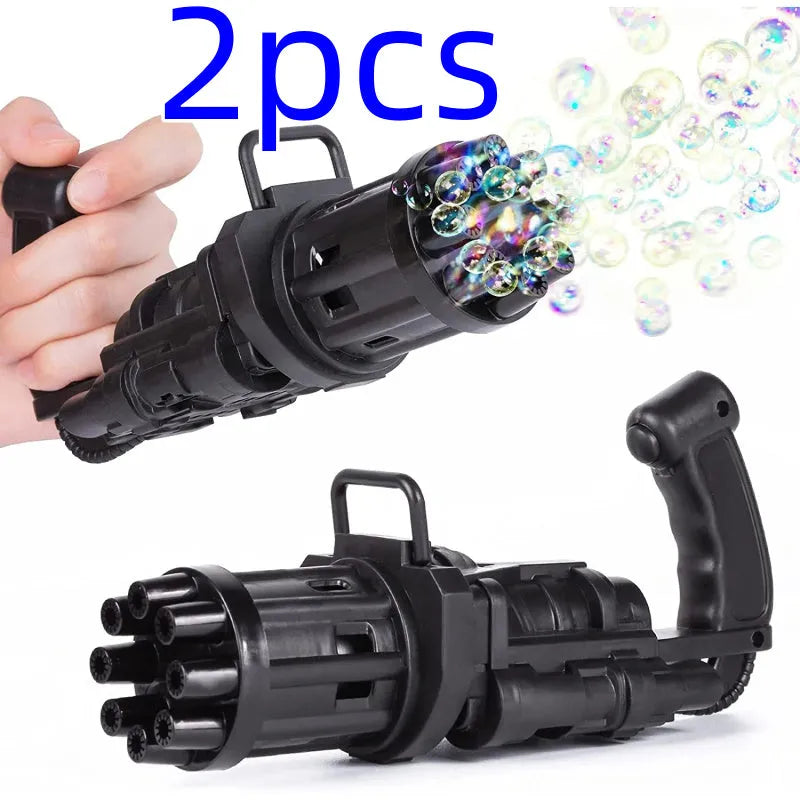 Children's bubble machine gun toy in pink, gold, or black colours with battery compartment and bubble solution.