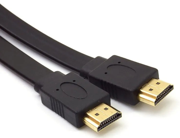 Flat HDMI cable with standard connectors showing thin profile design for 1080P video transmission