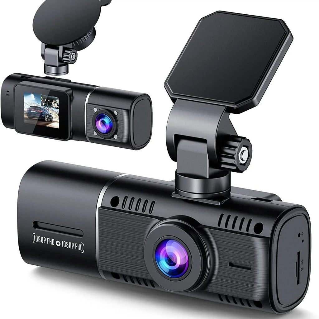 Standard black front and rear dash camera with 1.5-inch screen on a car windscreen.