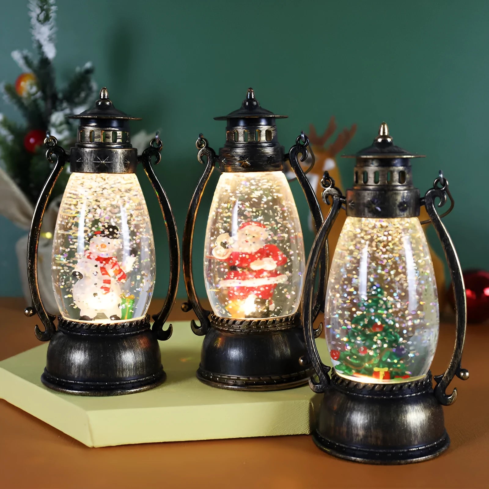 LED crystal ball oil lamp Christmas decoration with snowman or elderly figure inside coloured paper globe