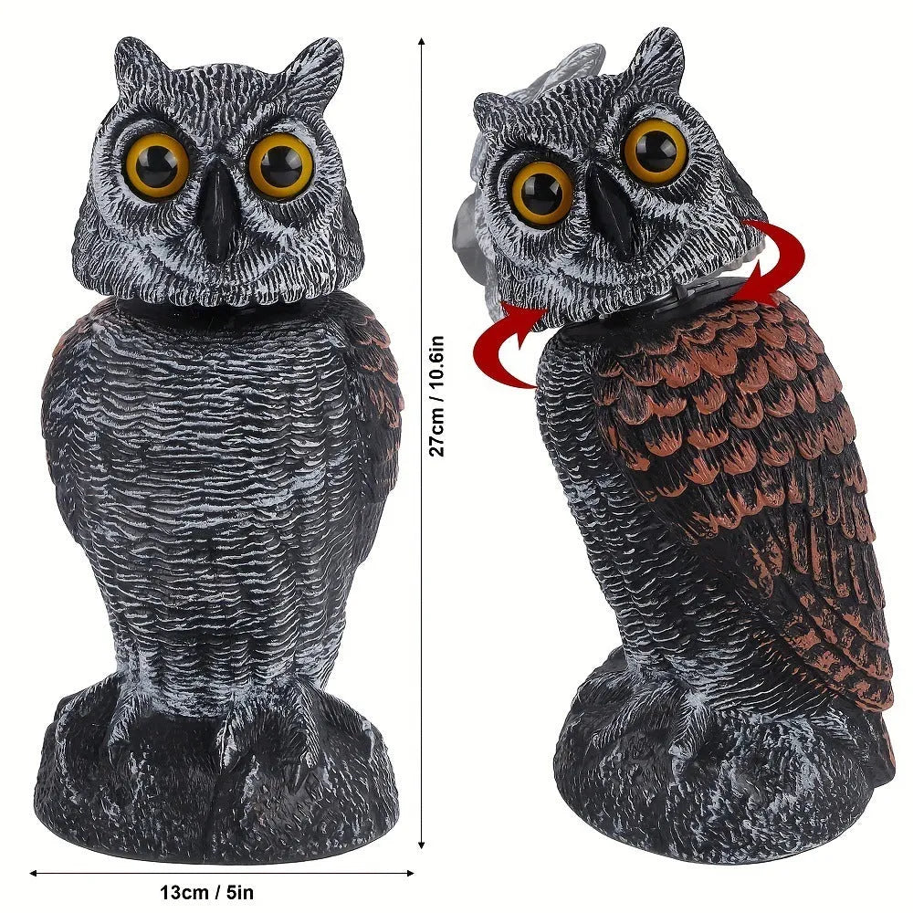 PE plastic artificial owl bird scarer ornament with shaking head, shown in bag-style mounting option.