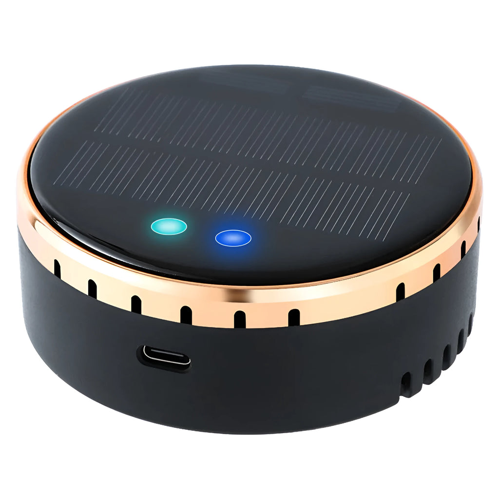 Black solar-powered car air humidifier mounted on vehicle air conditioning outlet