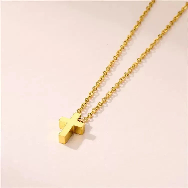 Classic titanium steel cross pendant necklace on O-ring chain in gold colour finish, adjustable 41-50cm