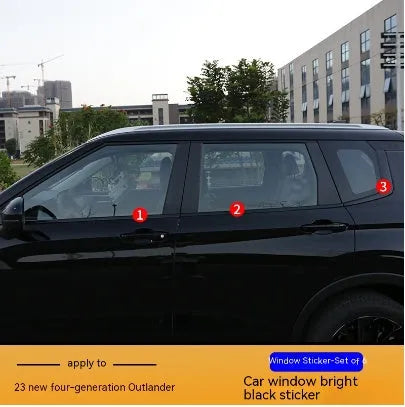 Pre-cut protective films for 23 Outlander window pillars in carbon fibre and bright black finishes.