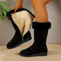 Fleece-lined mid-calf snow boots with waterproof platform, flat heel, round toe, beige and black colours