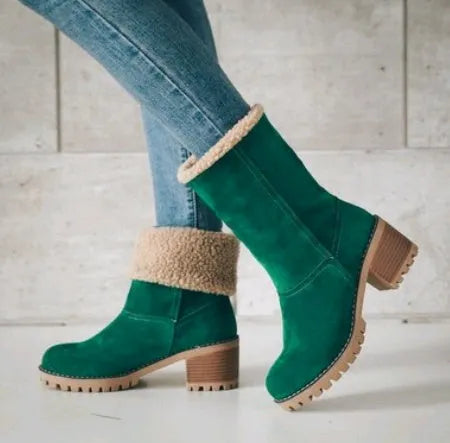 Women's mid-calf suede snow boots with a low flat heel and round toe, shown in available colours.