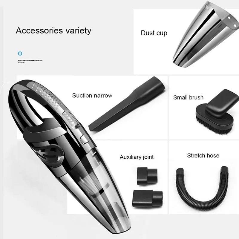 Black portable rechargeable car vacuum cleaner with 120W motor and 2200mAh lithium battery on a white surface