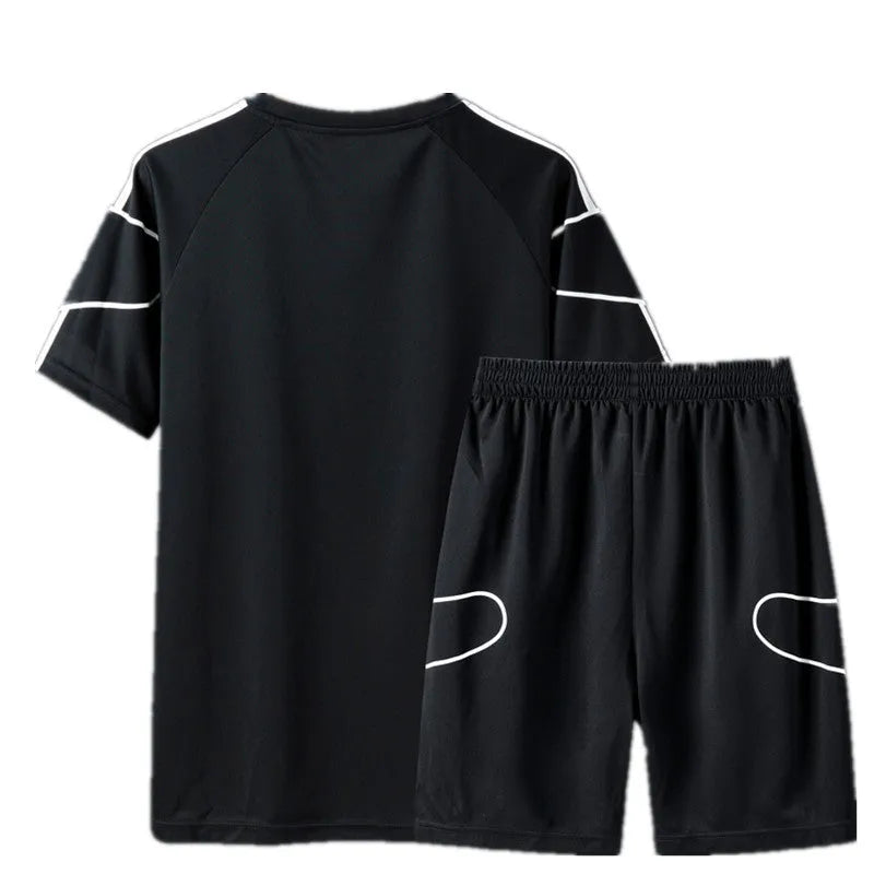 Short sleeved sportswear shorts suit in black with thin fabric T-shirt and matching shorts for men and women