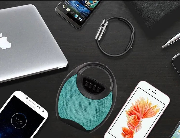 Portable Bluetooth speaker with plastic casing shown in black, blue and pink colour options