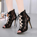 Black lace high heels with suede upper, fish mouth toe, stiletto heel above 8cm, and hollow design.