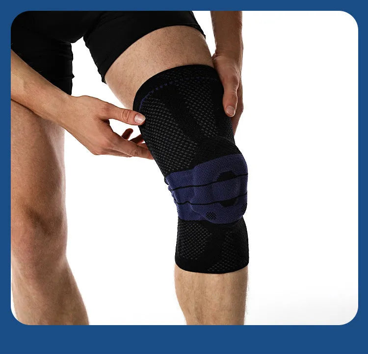 Black and blue adult sports knee pad for basketball and running, made of nylon and spandex.