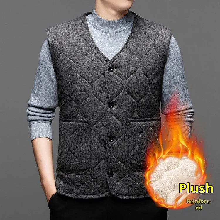 Men's fleece-lined thick cotton vest cardigan in solid colour black with cardigan front, no hood