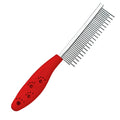 Red plastic handle pet comb with dual-length stainless steel teeth for detangling dog and cat hair.