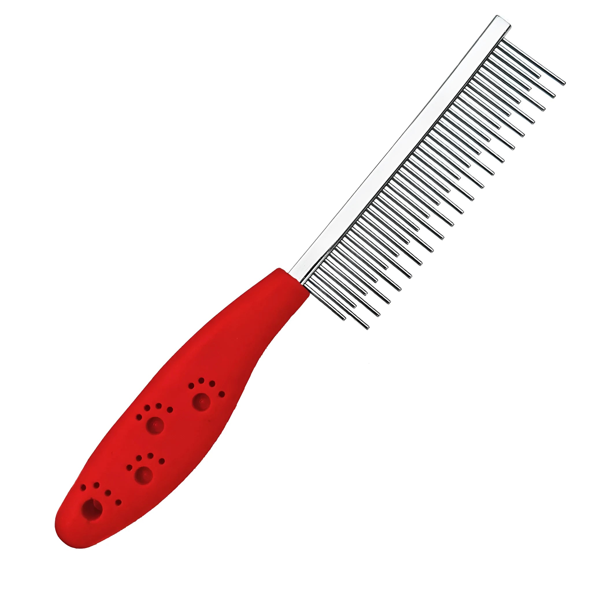 Red plastic handle pet comb with dual-length stainless steel teeth for detangling dog and cat hair.