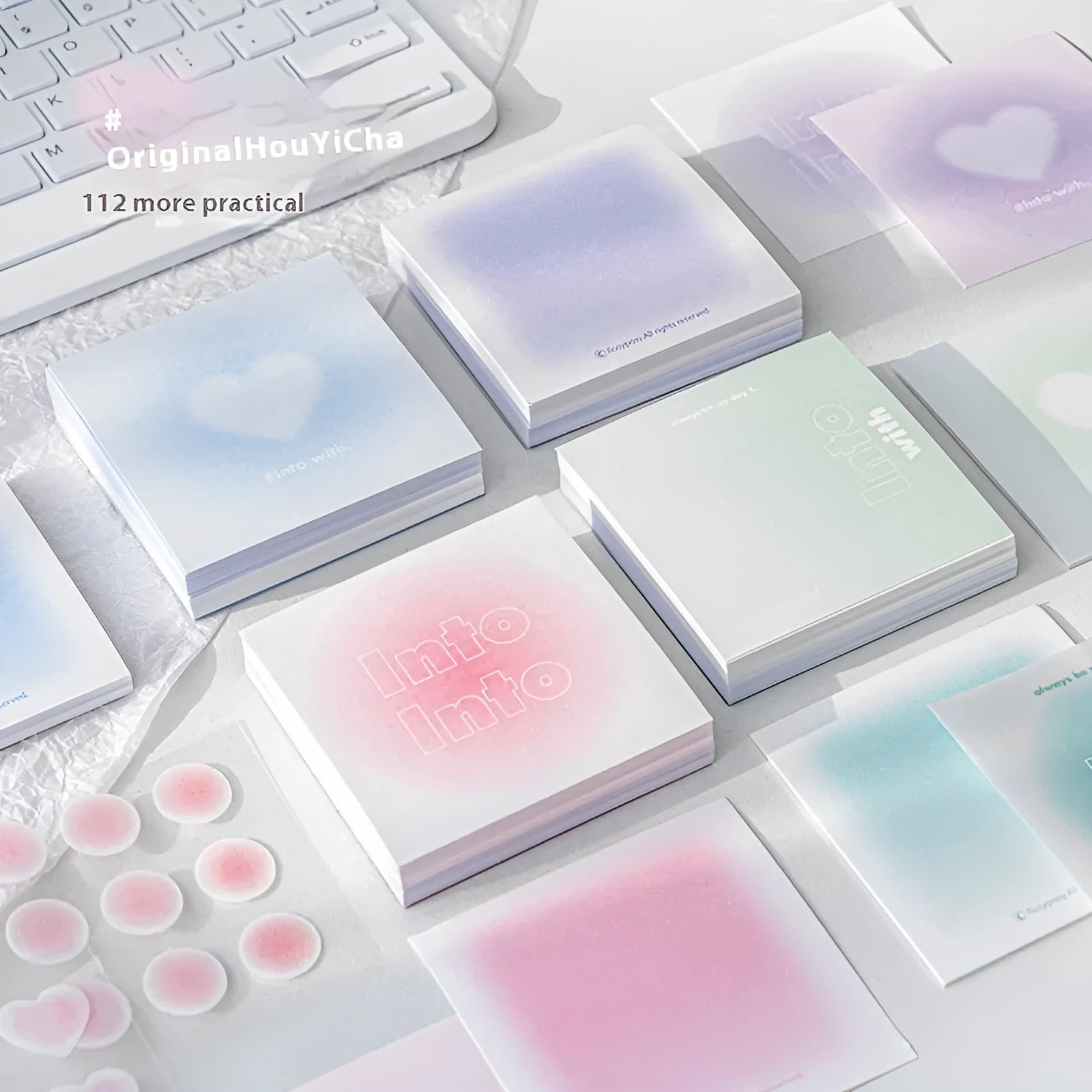 Square 70mm gradient parchment multifunctional notepad with blush cover showing interior papers