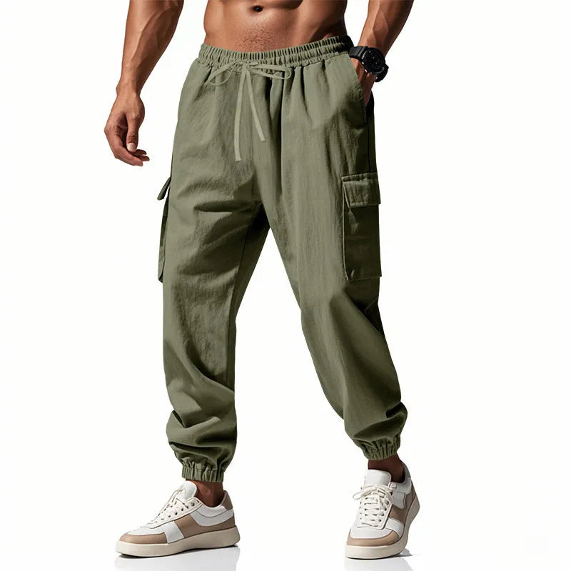 Men's linen casual trousers with ankle-tied legs and multi-pockets in Army Green colour