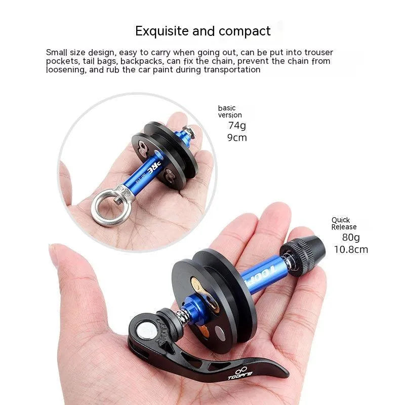 Aluminium bicycle chain holder and stopper tension tool for drivetrain cleaning and maintenance.