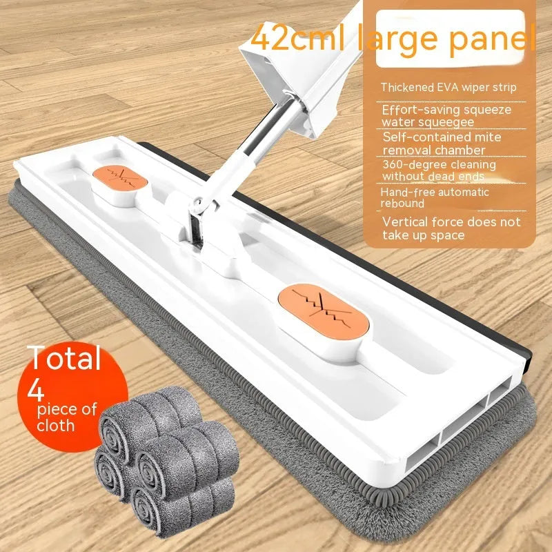 Large flat mop with stainless steel handle and blue cloth on hard floor