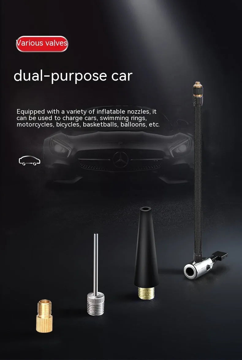 Red and black portable car tyre inflator with power cable and accessories
