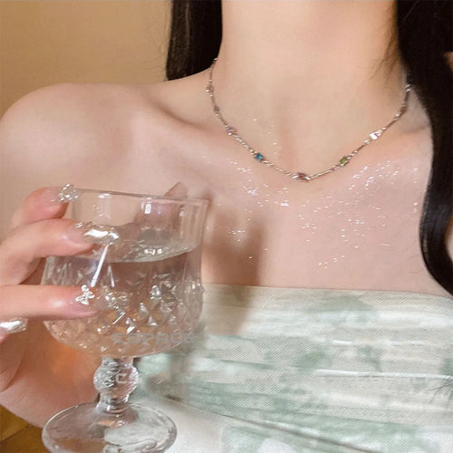 Square colour clavicle chain necklace with geometric artificial crystal design in gold and white K finish options