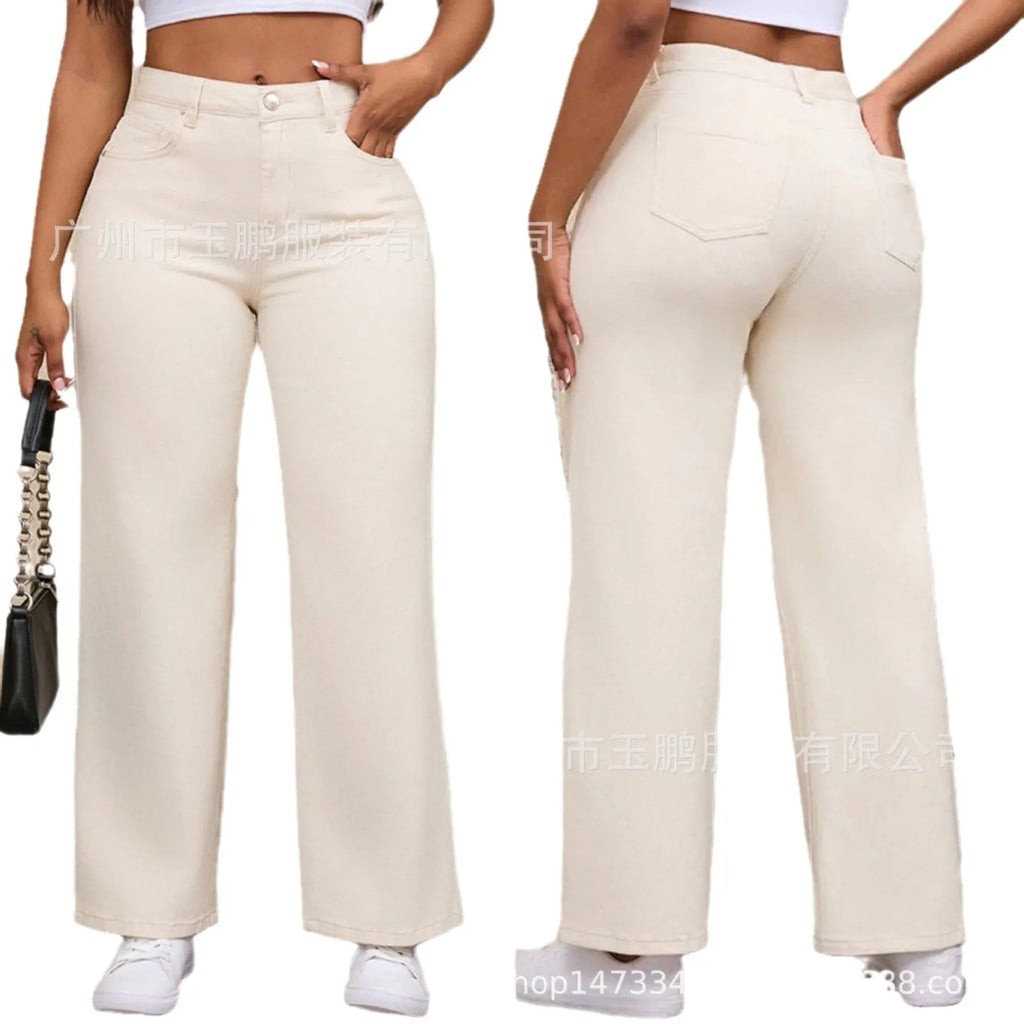 Women's high-waisted wide leg straight jeans in apricot and khaki colours on a model.