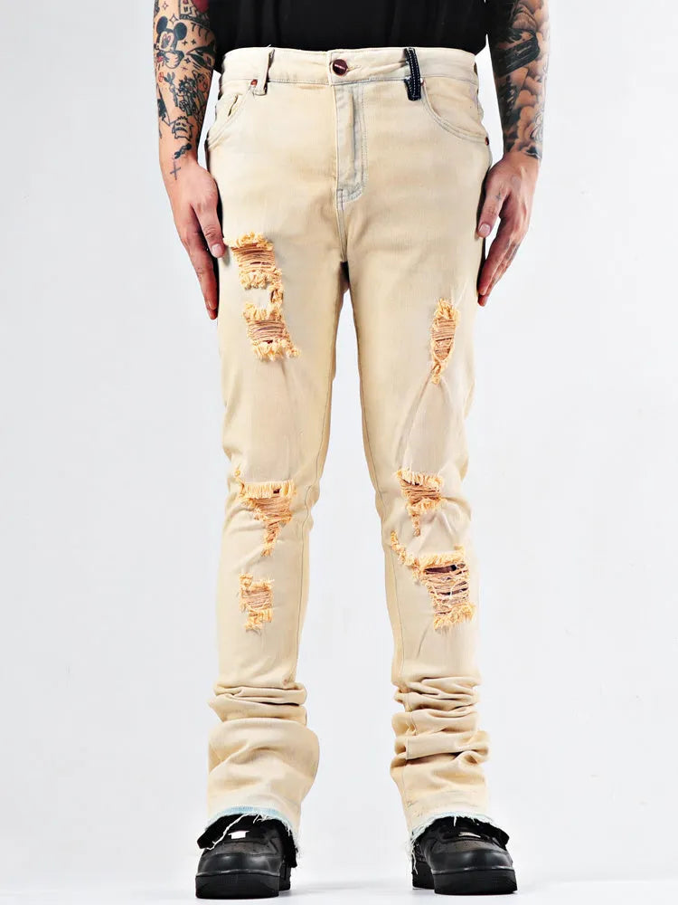 Elastic Youth Heavy Duty Flare Jeans in apricot colour, cotton stretch denim, medium high waist, stone washed finish
