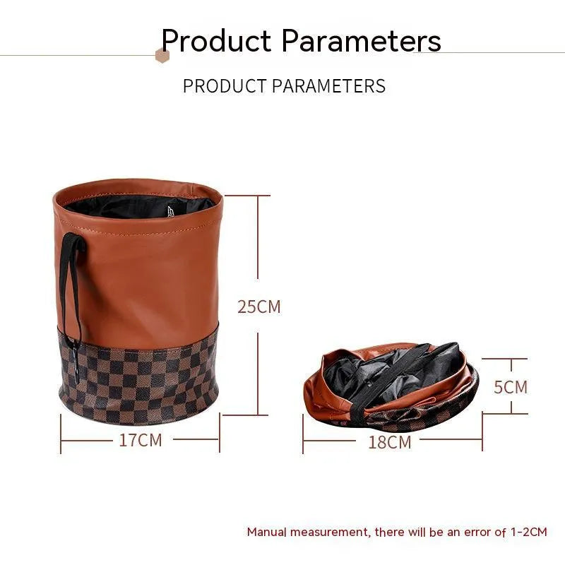 Retractable leather interior car trash can with handle shown in vehicle