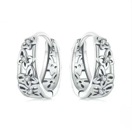 Sterling silver butterfly earrings with zircon stones and retro hollow design measuring 14mm by 5mm