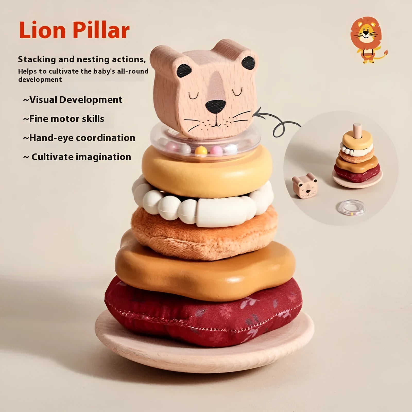 Wooden baby early education puzzle lion set column toy in Lion Sleeve Column colour for children aged 4-6
