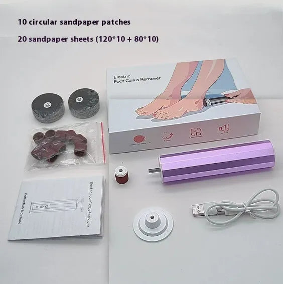 Household callus trimmer and nail manicure equipment kit in box with USB cable and grinding wheels.