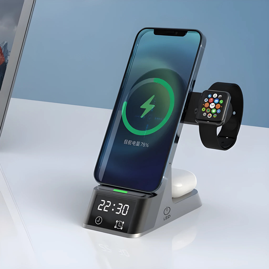 Black six-in-one wireless charging alarm clock station with digital display and charging pad.