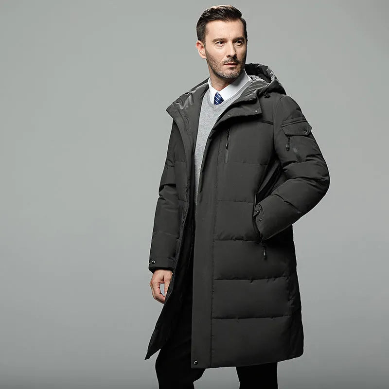 Long padded down jacket for men in black colour with white duck down filling polyester shell