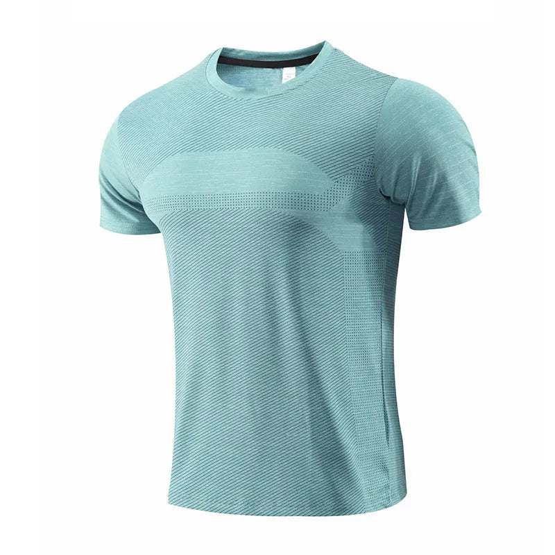 A short-sleeved sports T-shirt for running and basketball in a polyester spandex fabric.