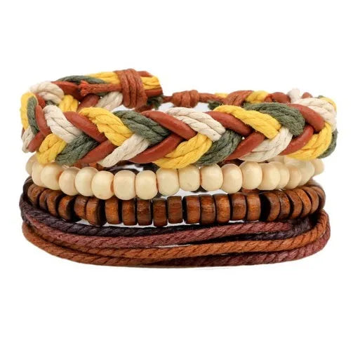 Handmade adjustable leather bracelet with wooden beads and multi-layer wrap design