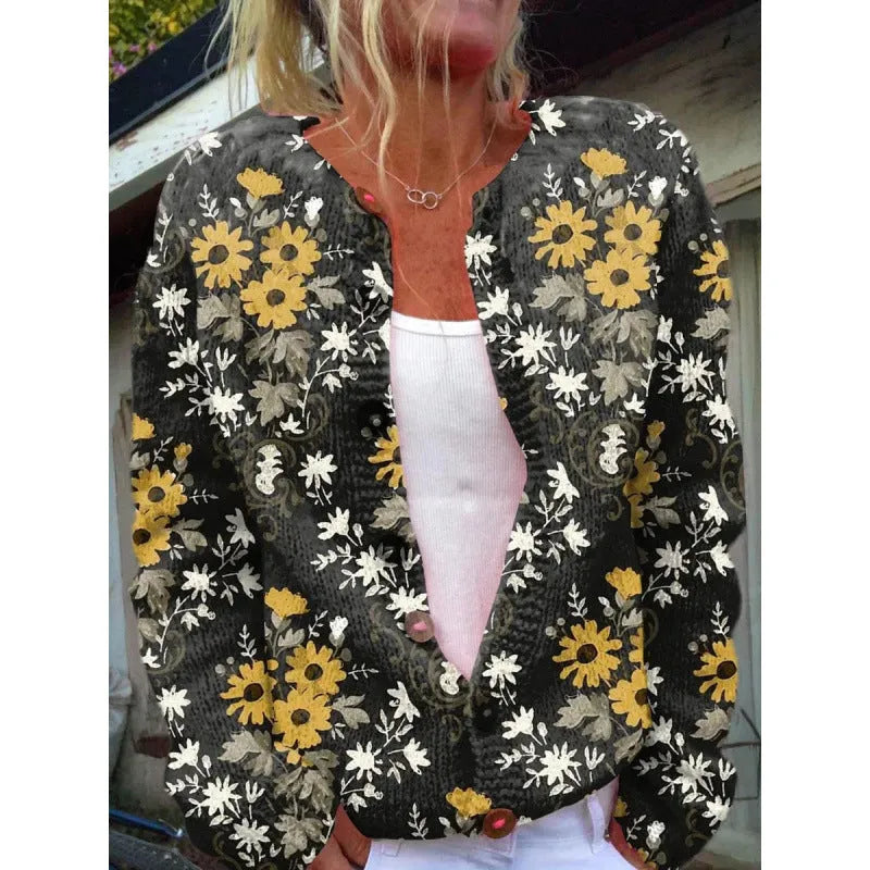 Yellow digital printing cardigan knitted coat with 3D effect pattern, regular sleeves, gentle style