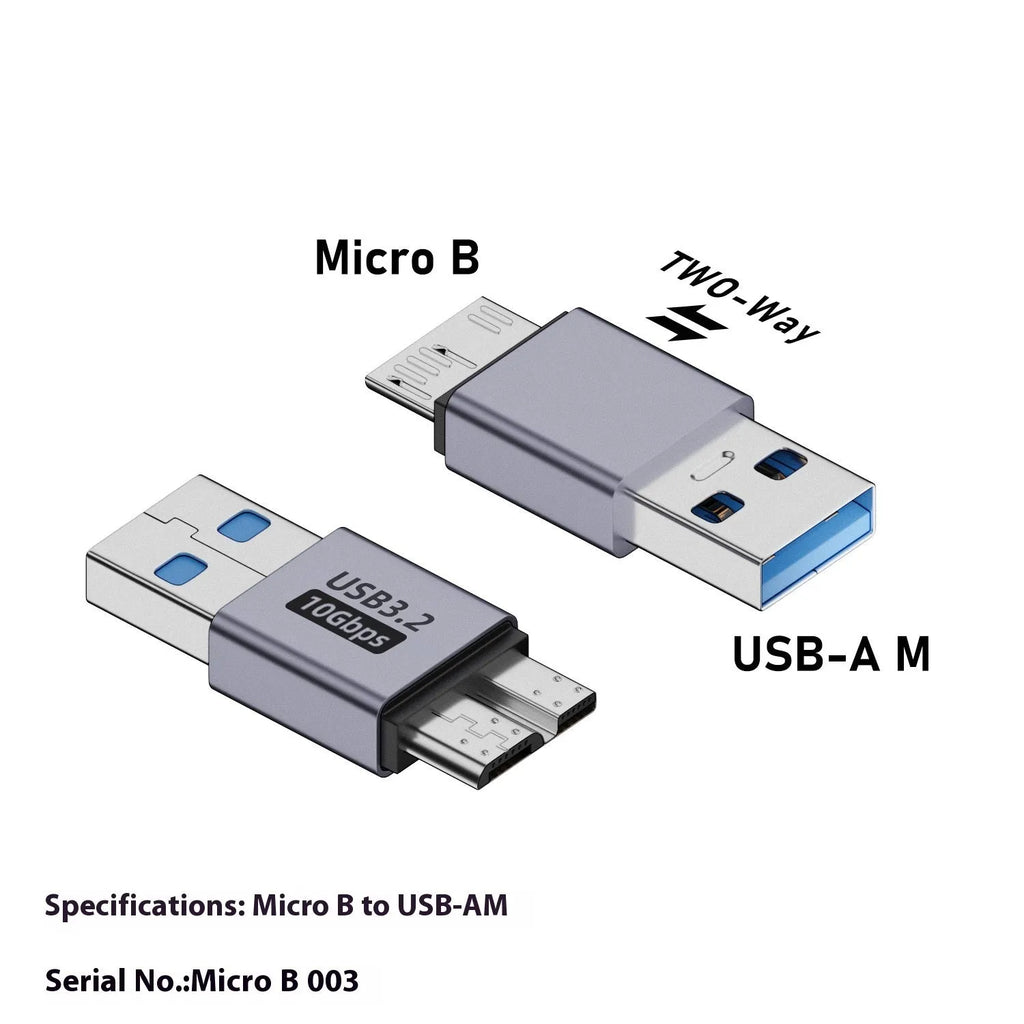 Close-up of a USB AM to Micro-B adapter cable with labelled Micro001, Micro002, Micro003, and Micro004 interface options.