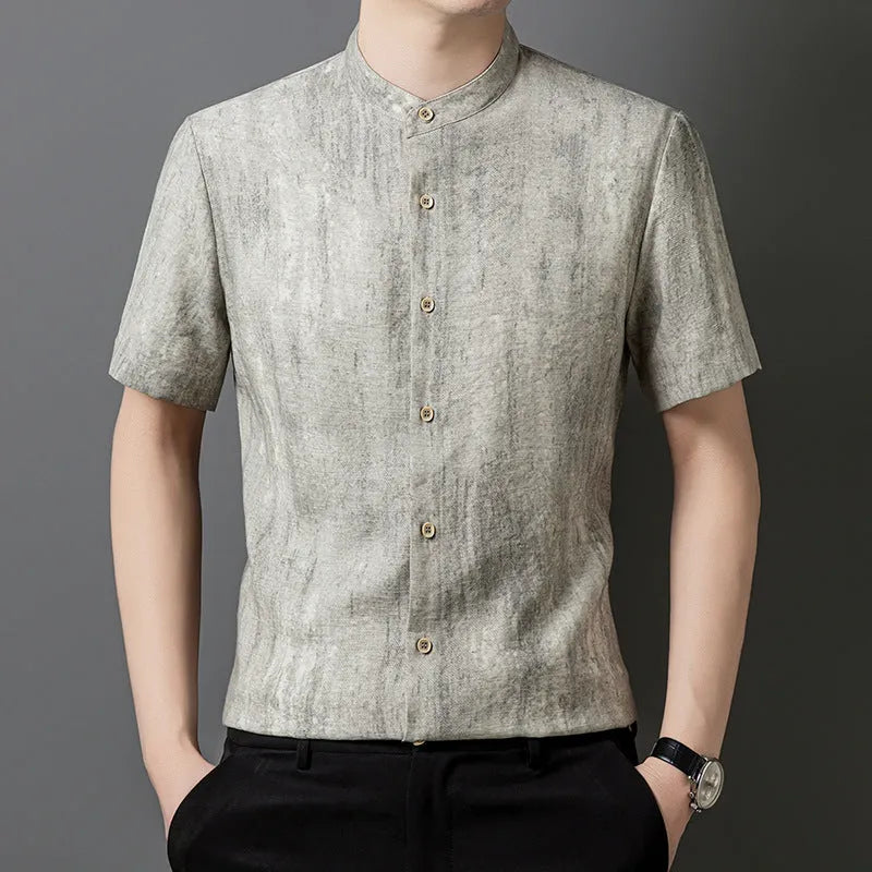 Men's loose fit linen blend shirt with stand collar in black grey colour